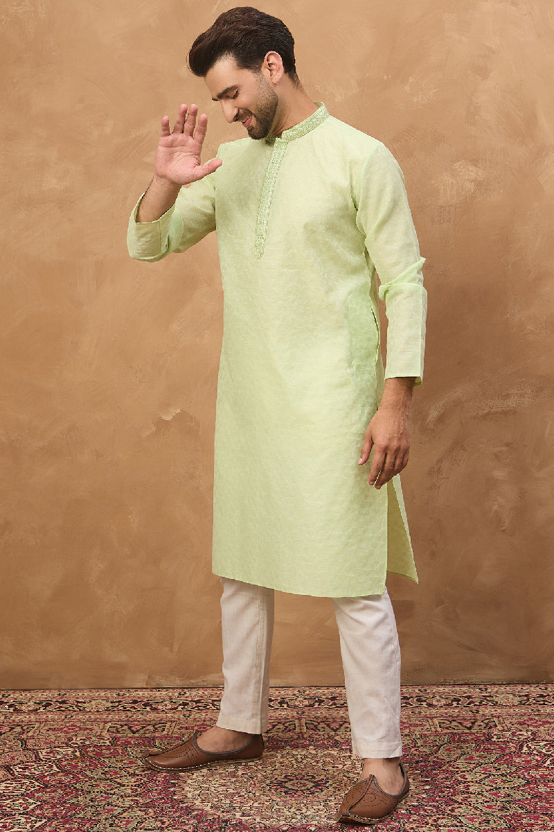 Green Silk Blend Solid Embroidered Straight Kurta With Pant Set | SHOBITAM