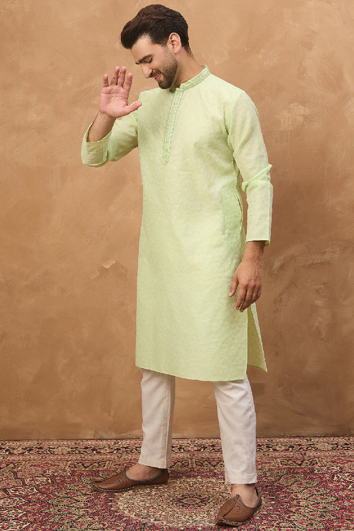 Green Silk Blend Solid Embroidered Straight Kurta With Pant Set | SHOBITAM