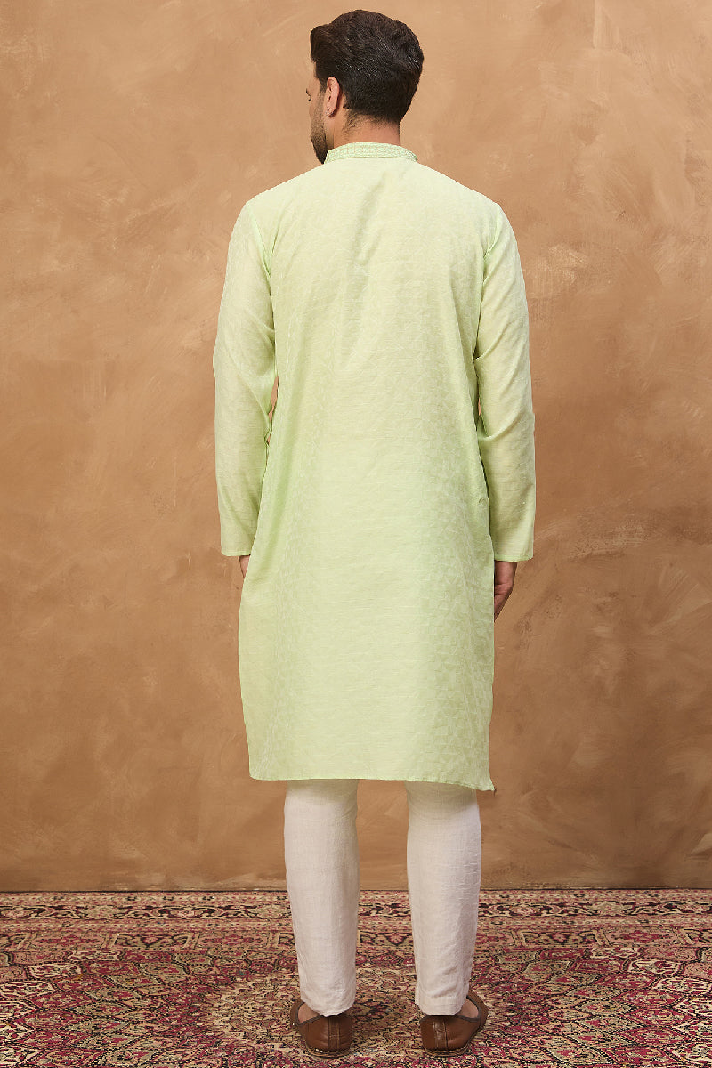 Green Silk Blend Solid Embroidered Straight Kurta With Pant Set | SHOBITAM