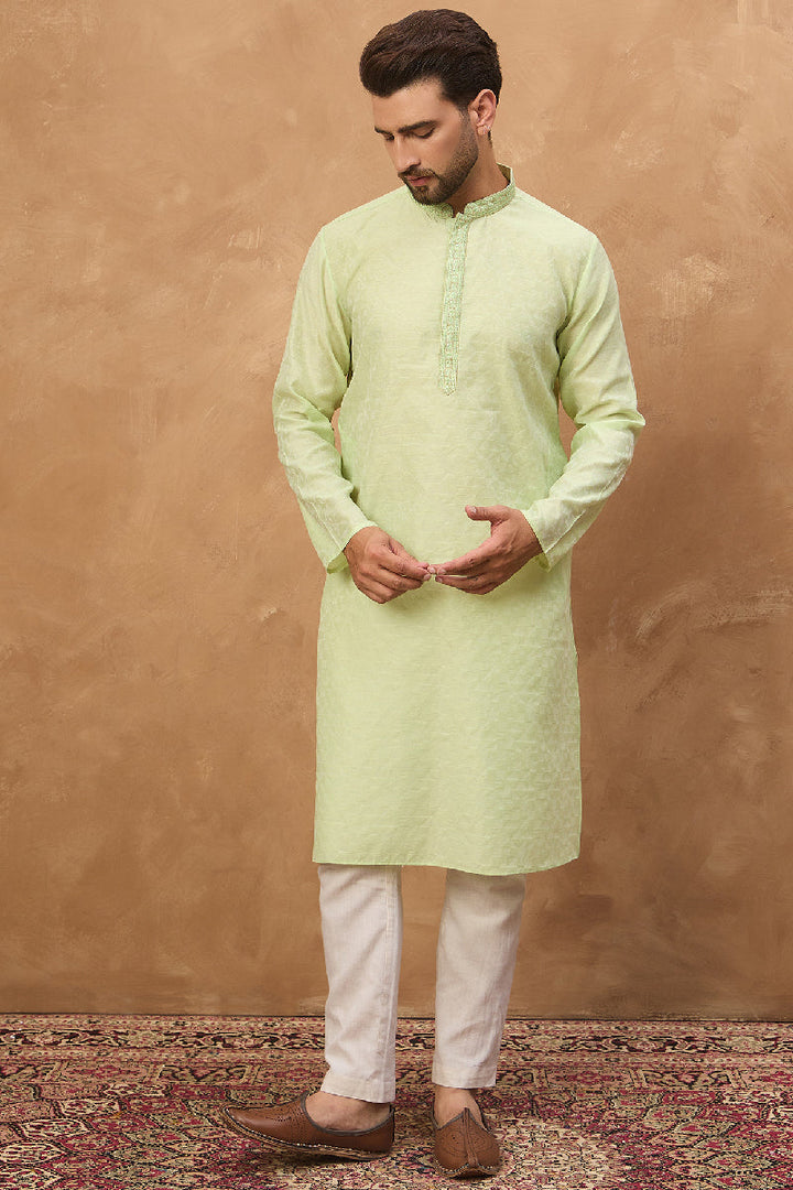 Green Silk Blend Solid Embroidered Straight Kurta With Pant Set | SHOBITAM