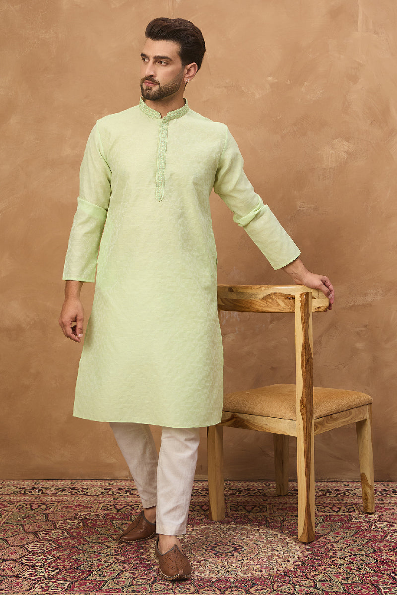 Green Silk Blend Solid Embroidered Straight Kurta With Pant Set | SHOBITAM