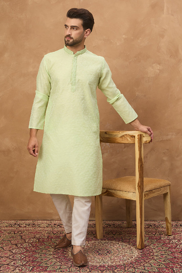 Green Silk Blend Solid Embroidered Straight Kurta With Pant Set | SHOBITAM