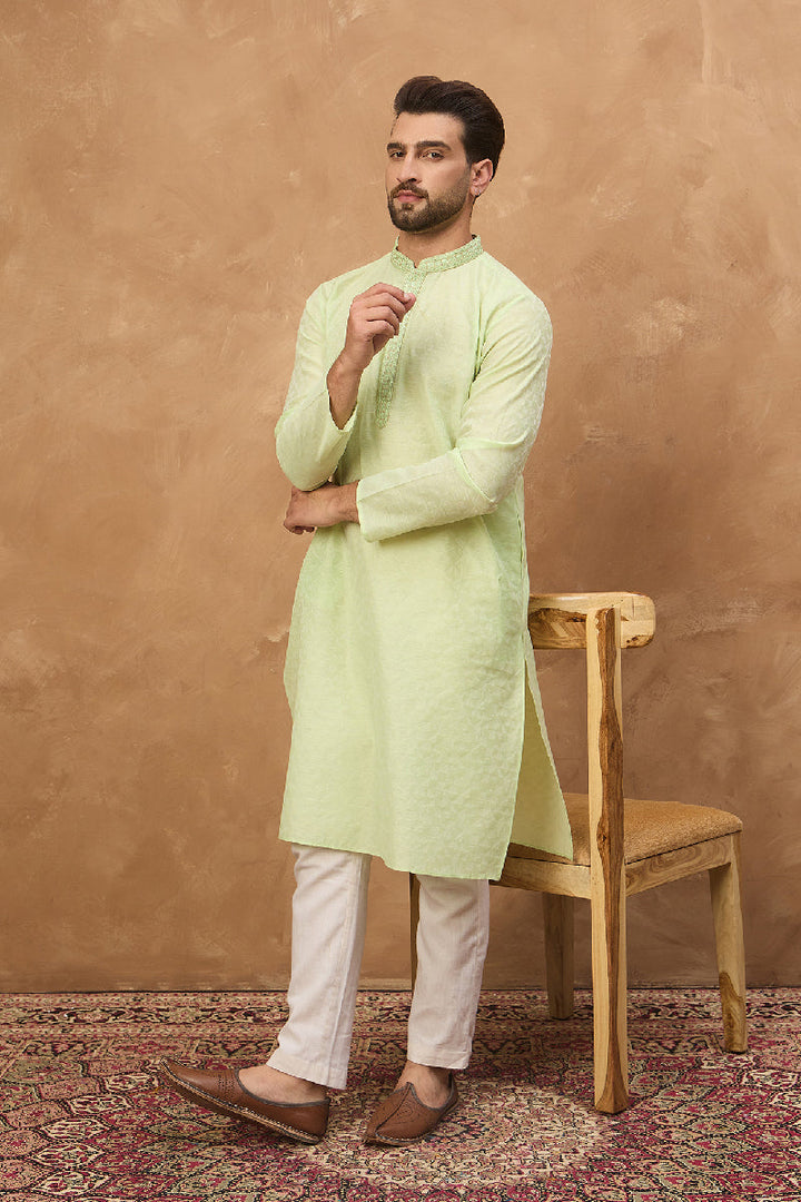 Green Silk Blend Solid Embroidered Straight Kurta With Pant Set | SHOBITAM