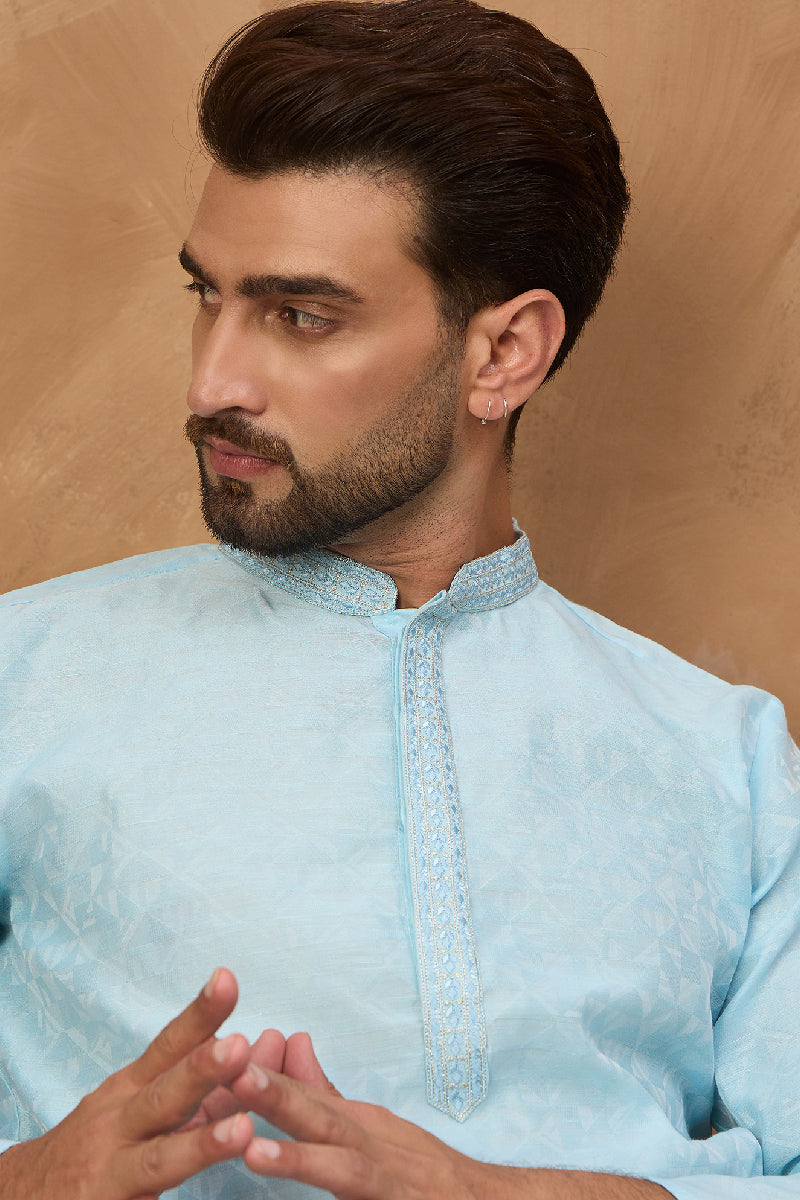 Blue Silk Blend Solid Embroidered Straight Kurta With Pant Set | SHOBITAM