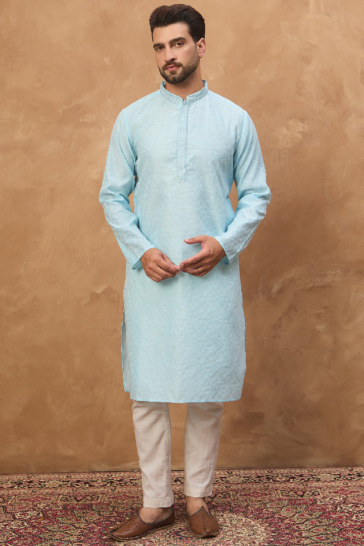 Blue Silk Blend Solid Embroidered Straight Kurta With Pant Set | SHOBITAM