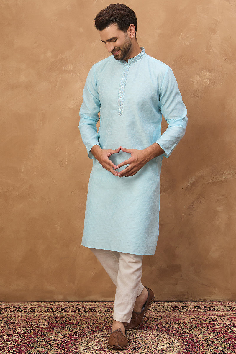 Blue Silk Blend Solid Embroidered Straight Kurta With Pant Set | SHOBITAM