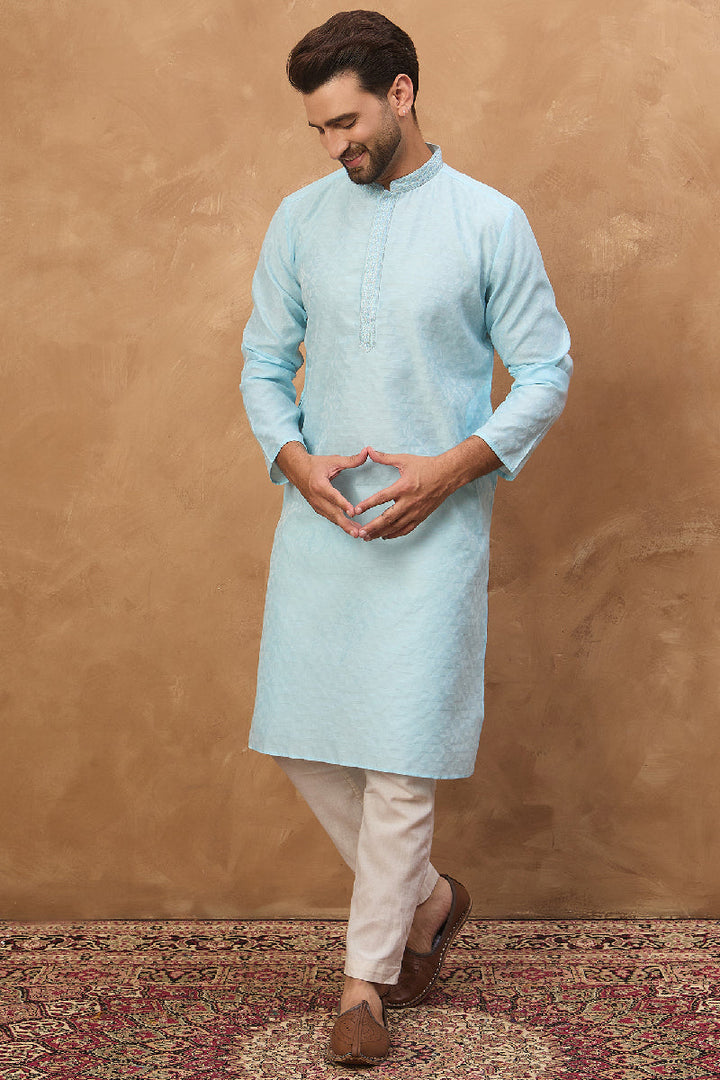 Blue Silk Blend Solid Embroidered Straight Kurta With Pant Set | SHOBITAM