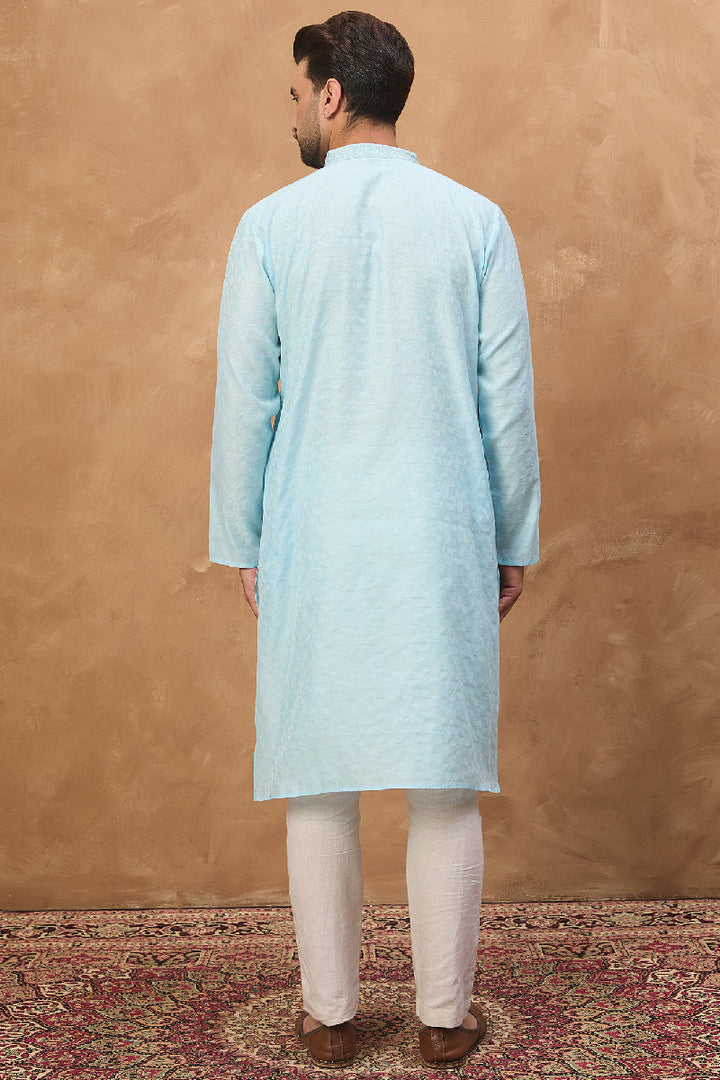 Blue Silk Blend Solid Embroidered Straight Kurta With Pant Set | SHOBITAM