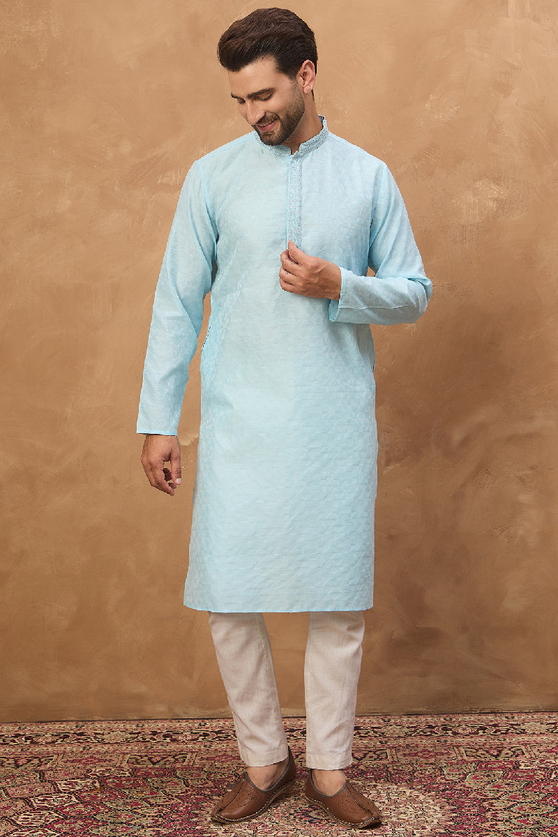 Blue Silk Blend Solid Embroidered Straight Kurta With Pant Set | SHOBITAM