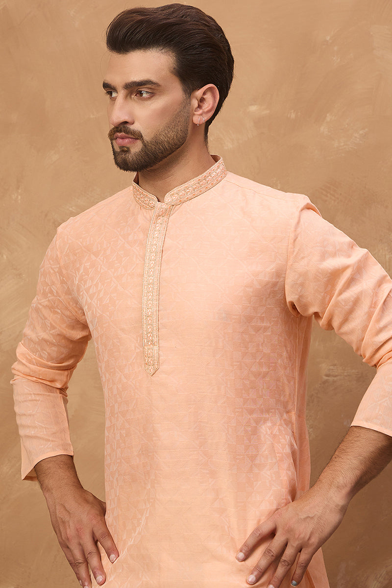Peach Silk Blend Solid Embroidered Straight Kurta | SHOBITAM