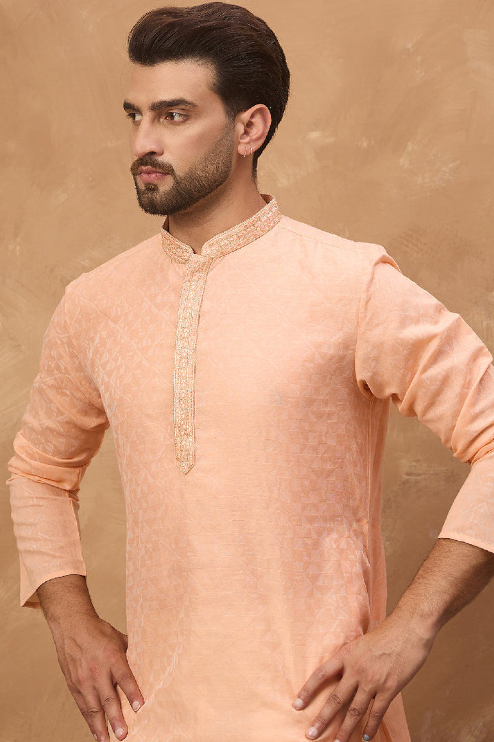 Peach Silk Blend Solid Embroidered Straight Kurta With Pant Set | SHOBITAM