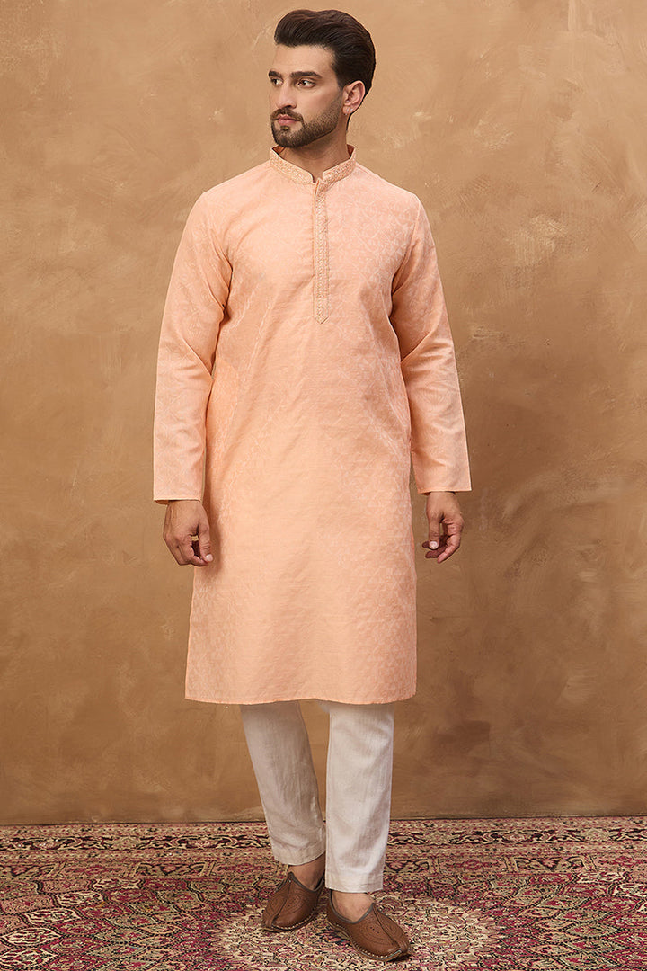 Peach Silk Blend Solid Embroidered Straight Kurta | SHOBITAM
