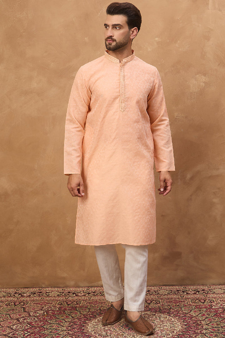 Peach Silk Blend Solid Embroidered Straight Kurta With Pant Set | SHOBITAM