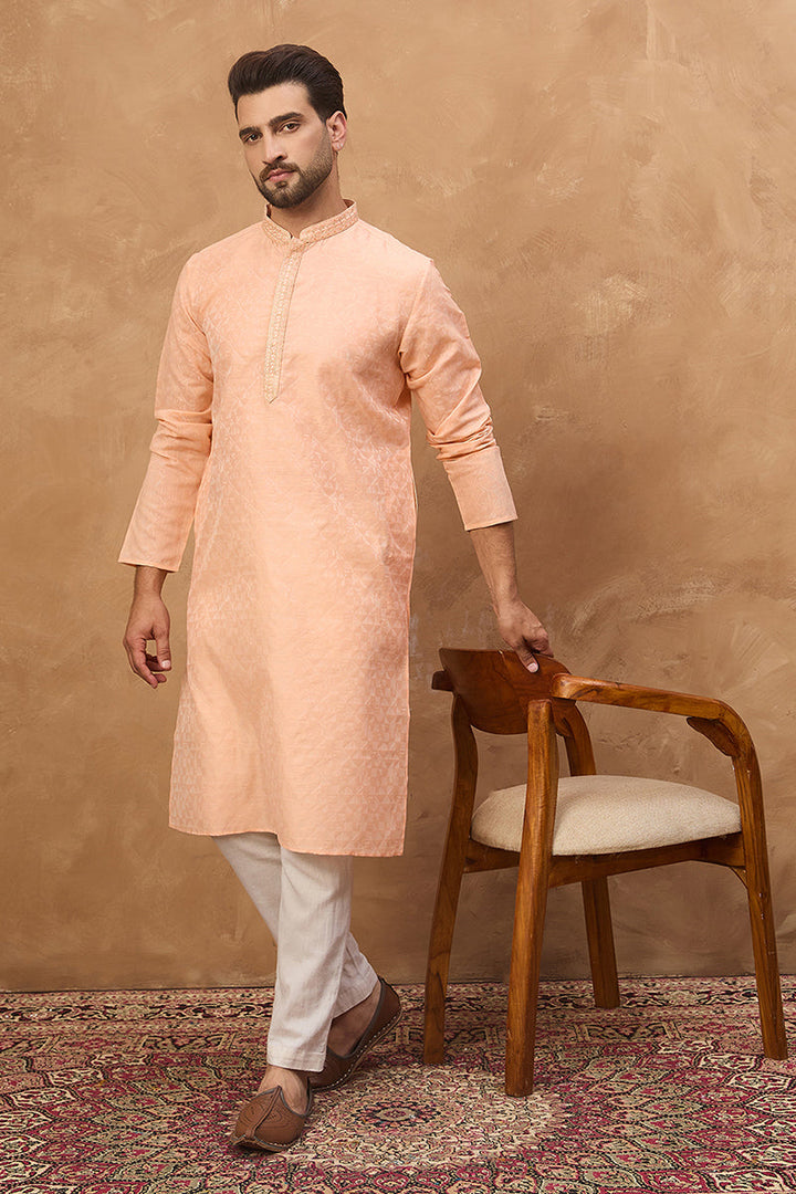 Peach Silk Blend Solid Embroidered Straight Kurta | SHOBITAM