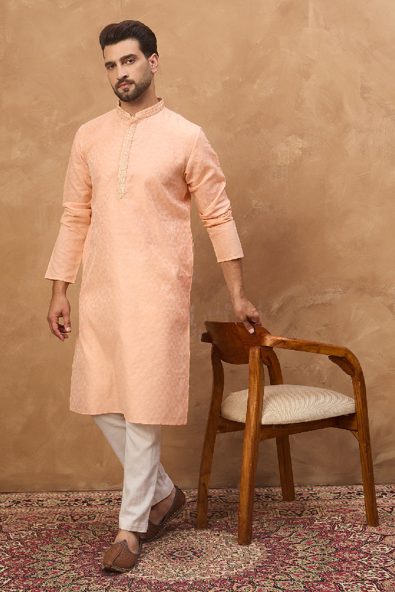 Peach Silk Blend Solid Embroidered Straight Kurta With Pant Set | SHOBITAM