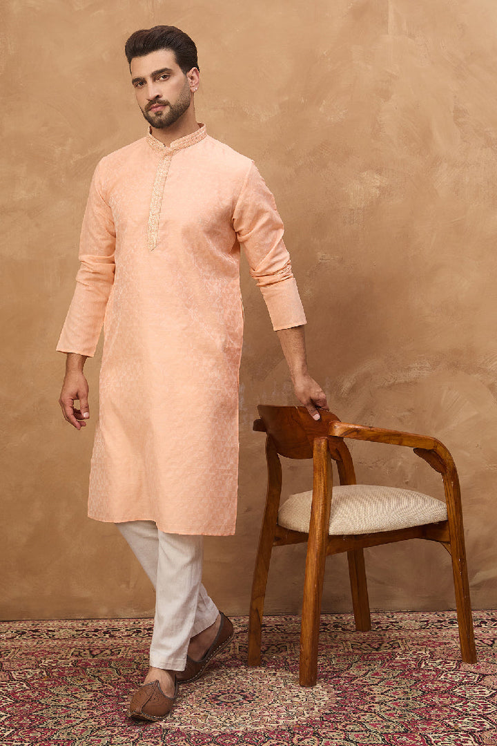 Peach Silk Blend Solid Embroidered Straight Kurta With Pant Set | SHOBITAM