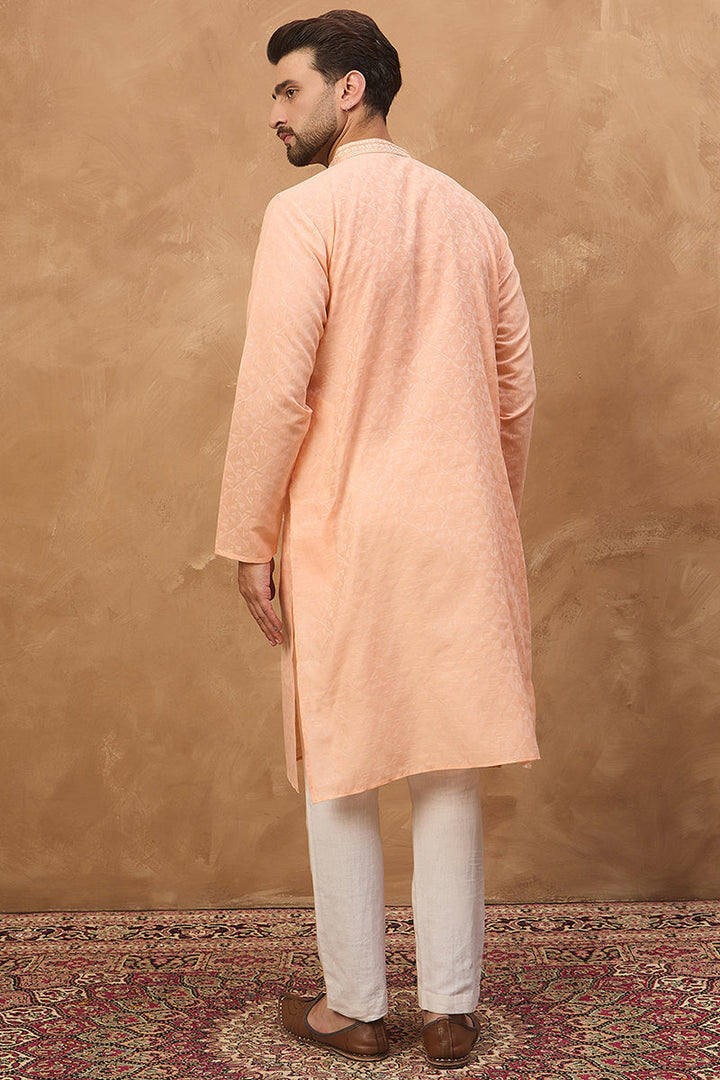 Peach Silk Blend Solid Embroidered Straight Kurta | SHOBITAM