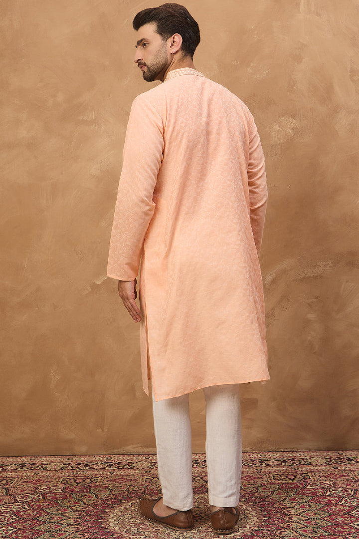 Peach Silk Blend Solid Embroidered Straight Kurta With Pant Set | SHOBITAM