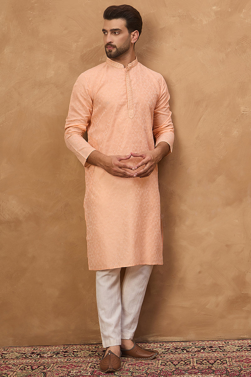 Peach Silk Blend Solid Embroidered Straight Kurta | SHOBITAM