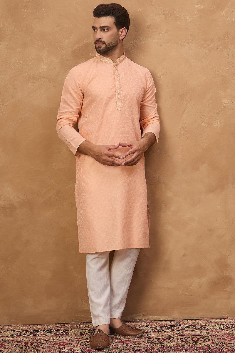 Peach Silk Blend Solid Embroidered Straight Kurta With Pant Set | SHOBITAM