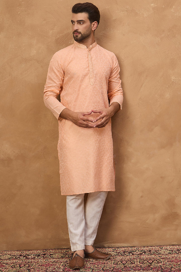 Peach Silk Blend Solid Embroidered Straight Kurta With Pant Set | SHOBITAM