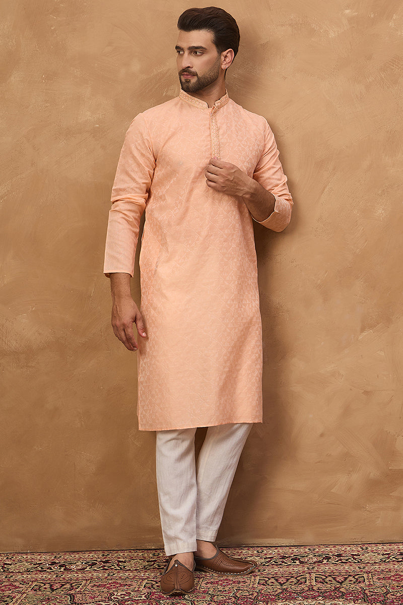 Peach Silk Blend Solid Embroidered Straight Kurta | SHOBITAM
