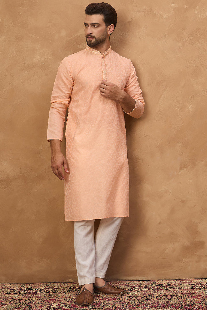 Peach Silk Blend Solid Embroidered Straight Kurta With Pant Set | SHOBITAM