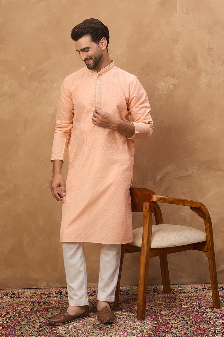 Peach Silk Blend Solid Embroidered Straight Kurta | SHOBITAM