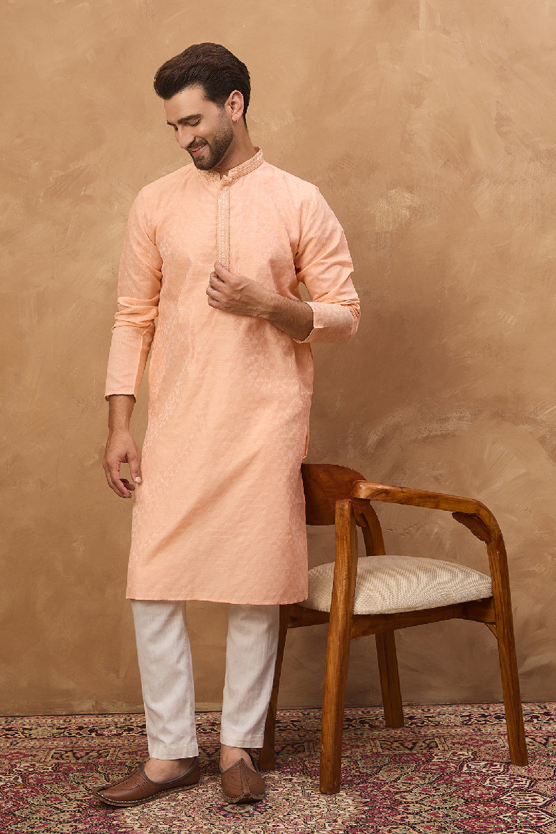 Peach Silk Blend Solid Embroidered Straight Kurta With Pant Set | SHOBITAM