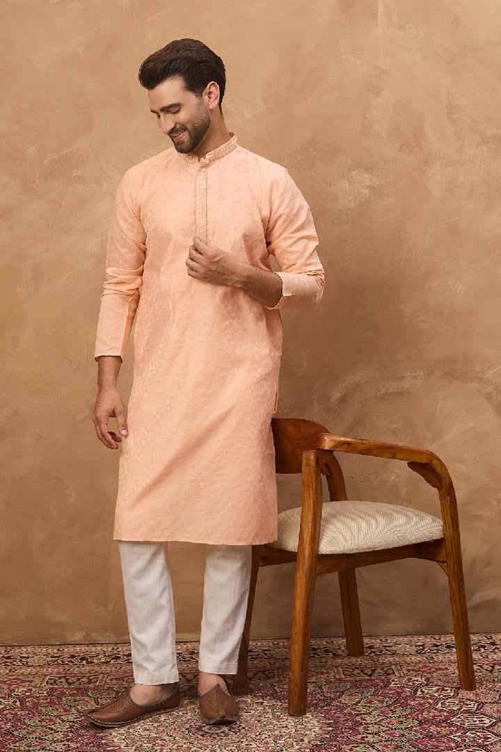 Peach Silk Blend Solid Embroidered Straight Kurta With Pant Set | SHOBITAM