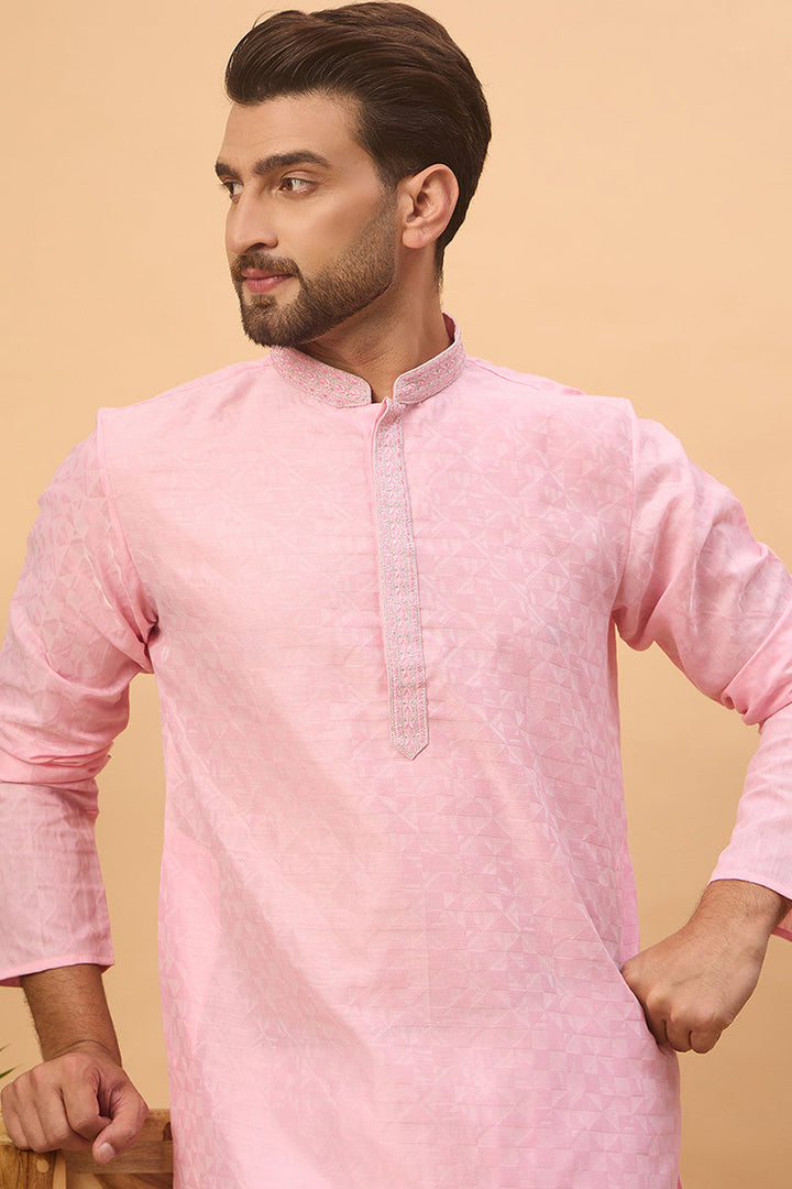 Pink Silk Blend Solid Embroidered Straight Kurta With Pant Set | SHOBITAM