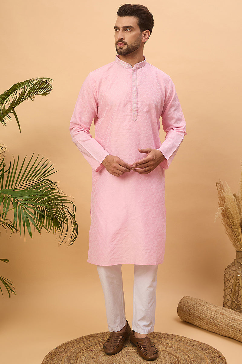 Pink Silk Blend Solid Embroidered Straight Kurta | SHOBITAM