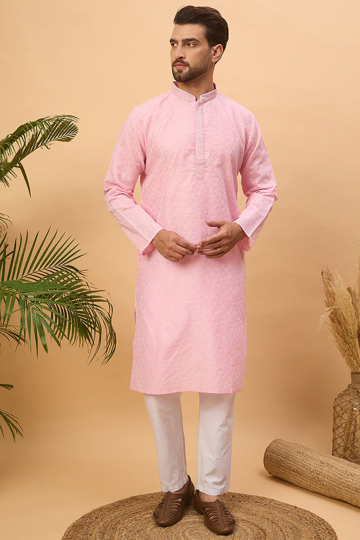 Pink Silk Blend Solid Embroidered Straight Kurta | SHOBITAM