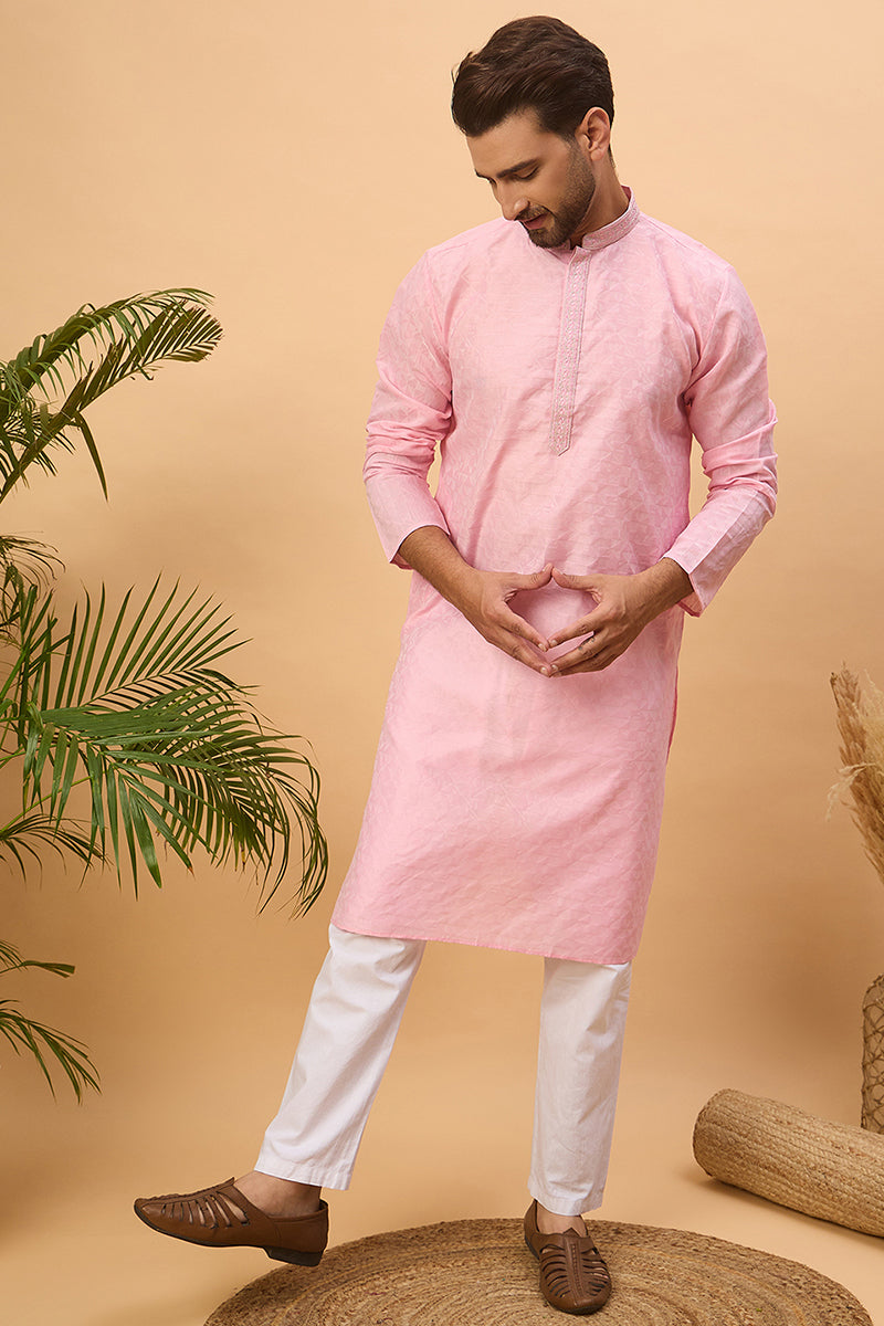 Pink Silk Blend Solid Embroidered Straight Kurta | SHOBITAM