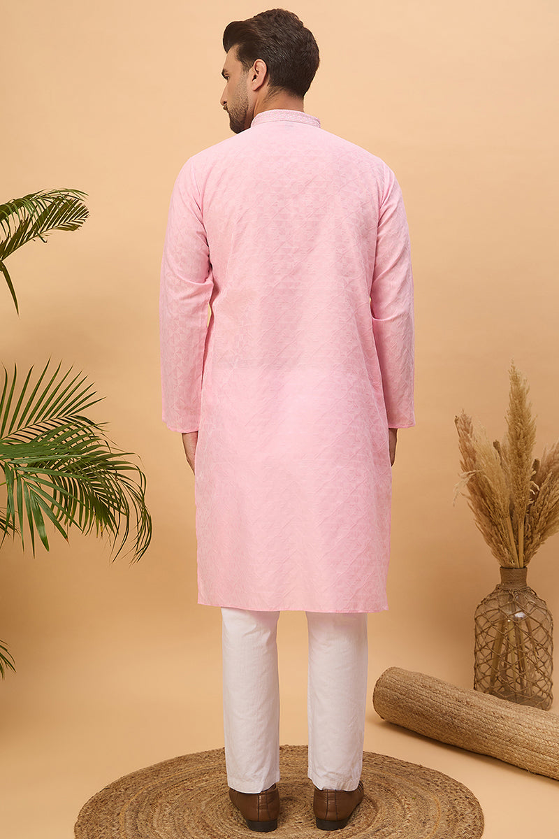 Pink Silk Blend Solid Embroidered Straight Kurta | SHOBITAM