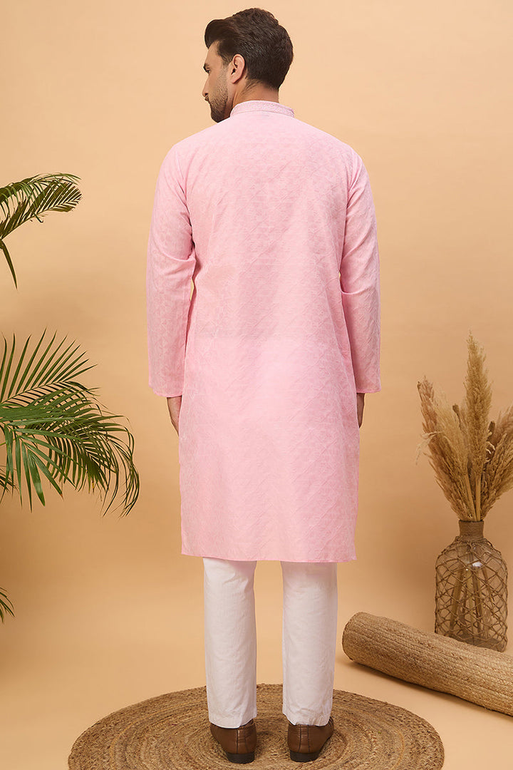 Pink Silk Blend Solid Embroidered Straight Kurta | SHOBITAM