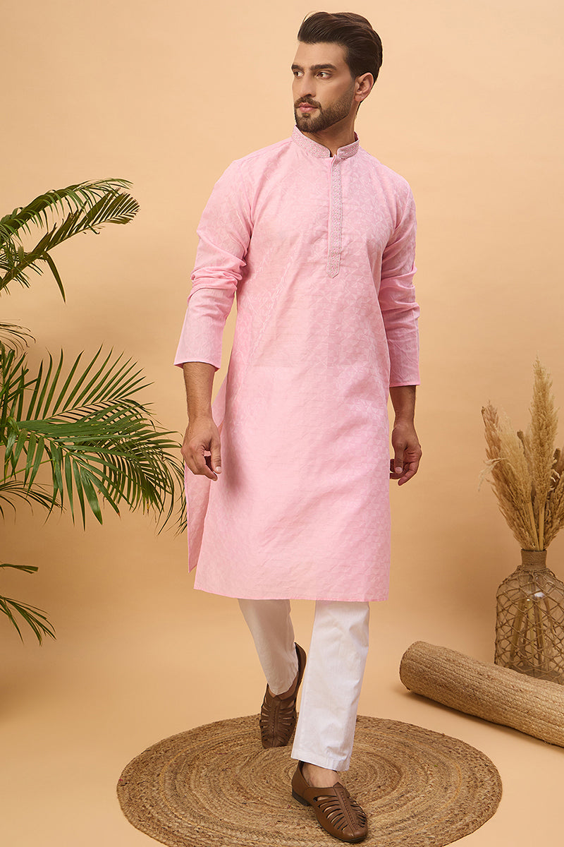 Pink Silk Blend Solid Embroidered Straight Kurta | SHOBITAM