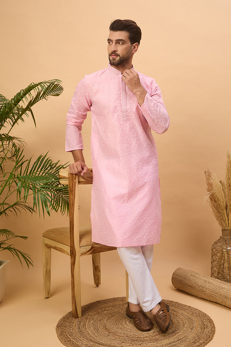 Pink Silk Blend Solid Embroidered Straight Kurta With Pant Set | SHOBITAM