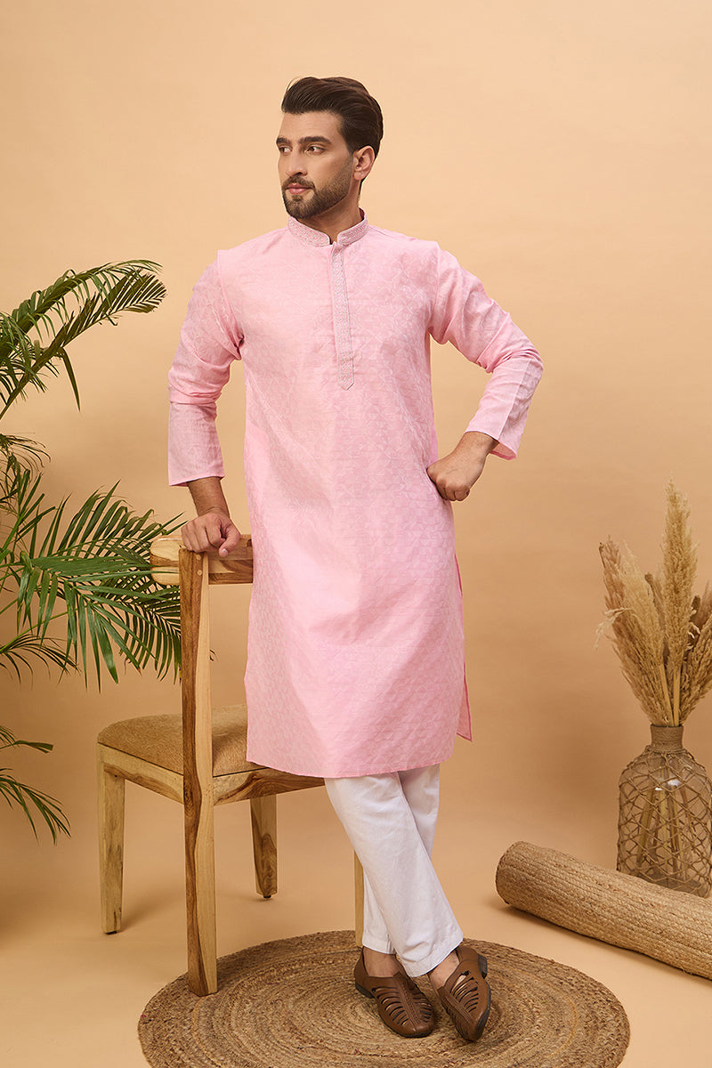 Pink Silk Blend Solid Embroidered Straight Kurta | SHOBITAM