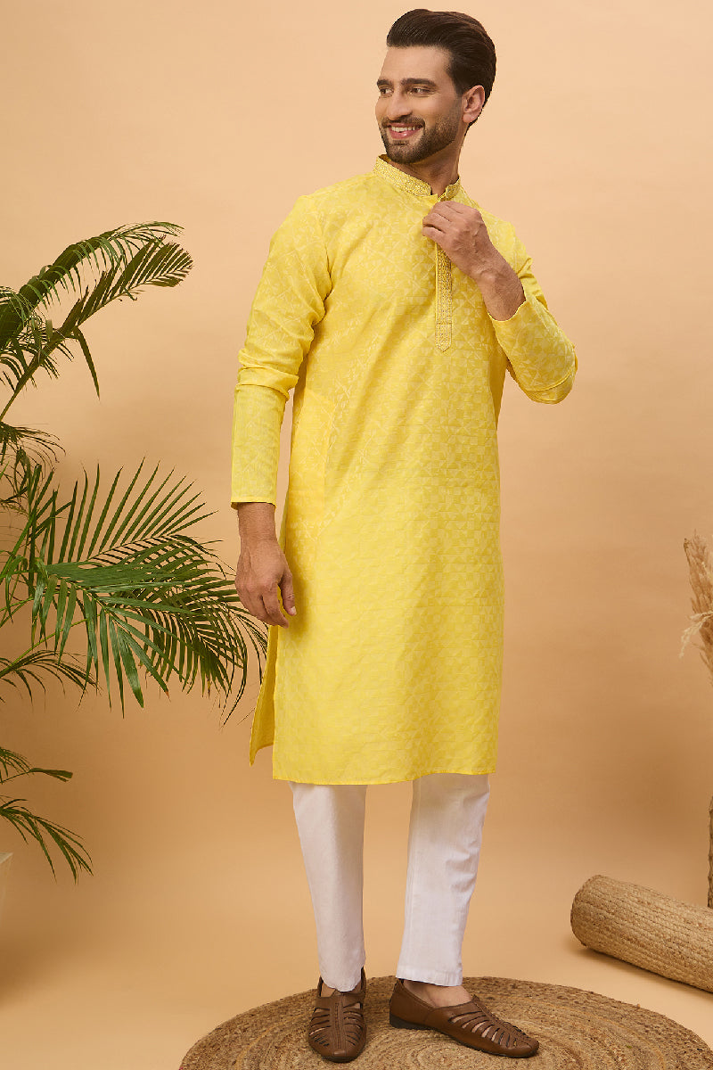 Yellow Silk Blend Solid Embroidered Straight Kurta With Pant Set | SHOBITAM