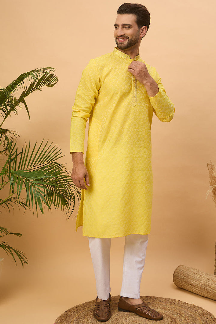 Yellow Silk Blend Solid Embroidered Straight Kurta With Pant Set | SHOBITAM