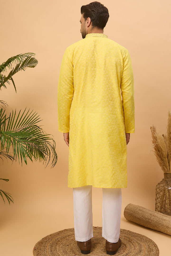 Yellow Silk Blend Solid Embroidered Straight Kurta With Pant Set | SHOBITAM