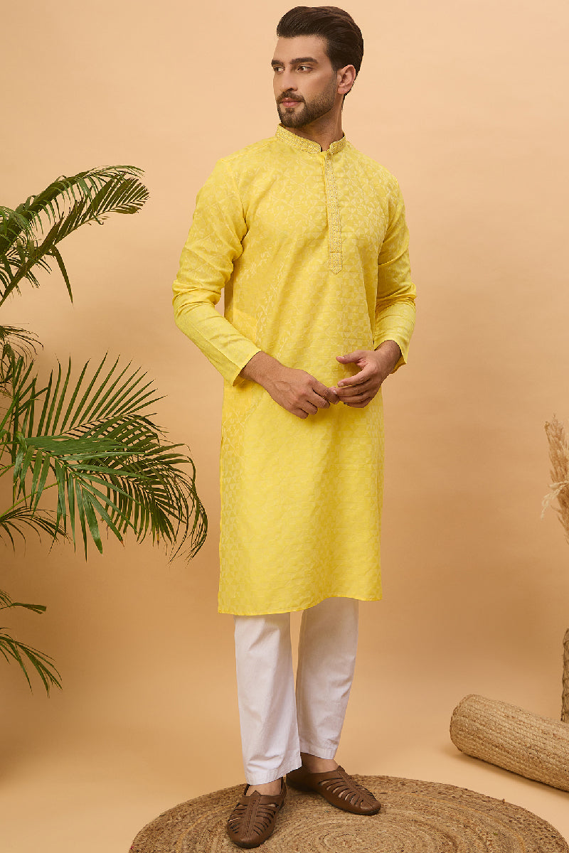 Yellow Silk Blend Solid Embroidered Straight Kurta With Pant Set | SHOBITAM