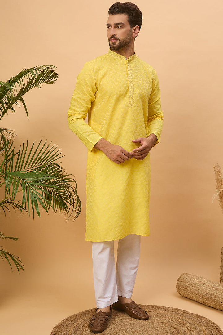 Yellow Silk Blend Solid Embroidered Straight Kurta With Pant Set | SHOBITAM