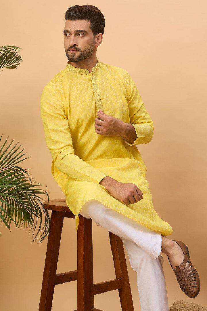 Yellow Silk Blend Solid Embroidered Straight Kurta With Pant Set | SHOBITAM
