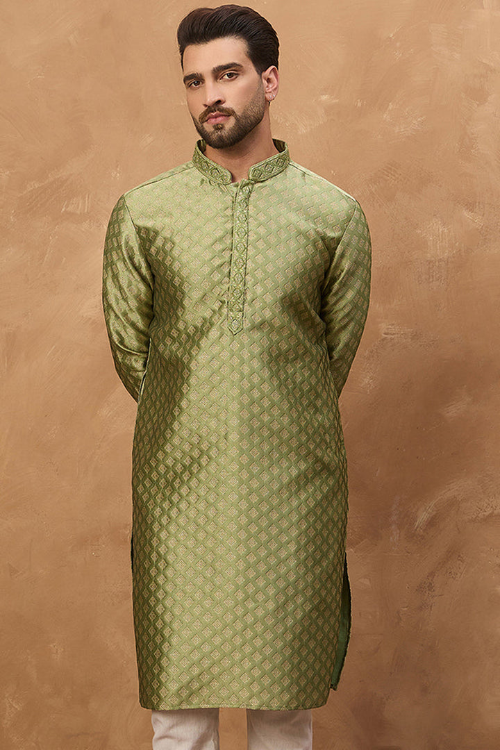 Green Silk Blend Solid Woven Design Straight Kurta | SHOBITAM