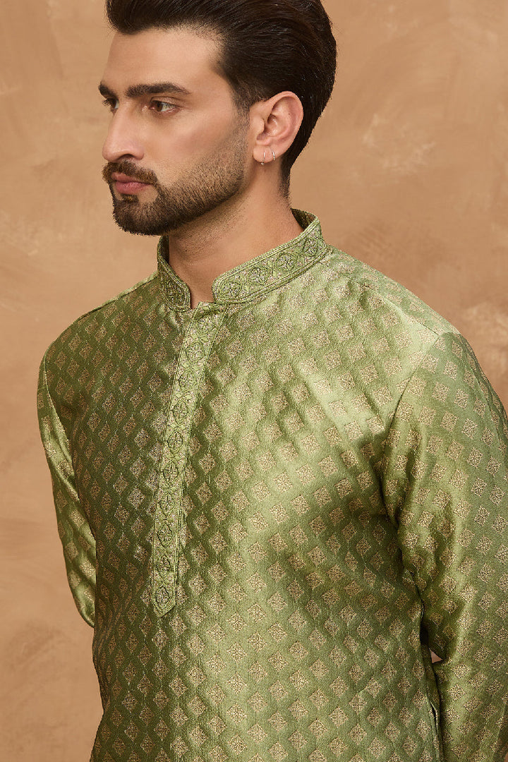 Green Silk Blend Solid Woven Design Straight Kurta With Pant Set | SHOBITAM