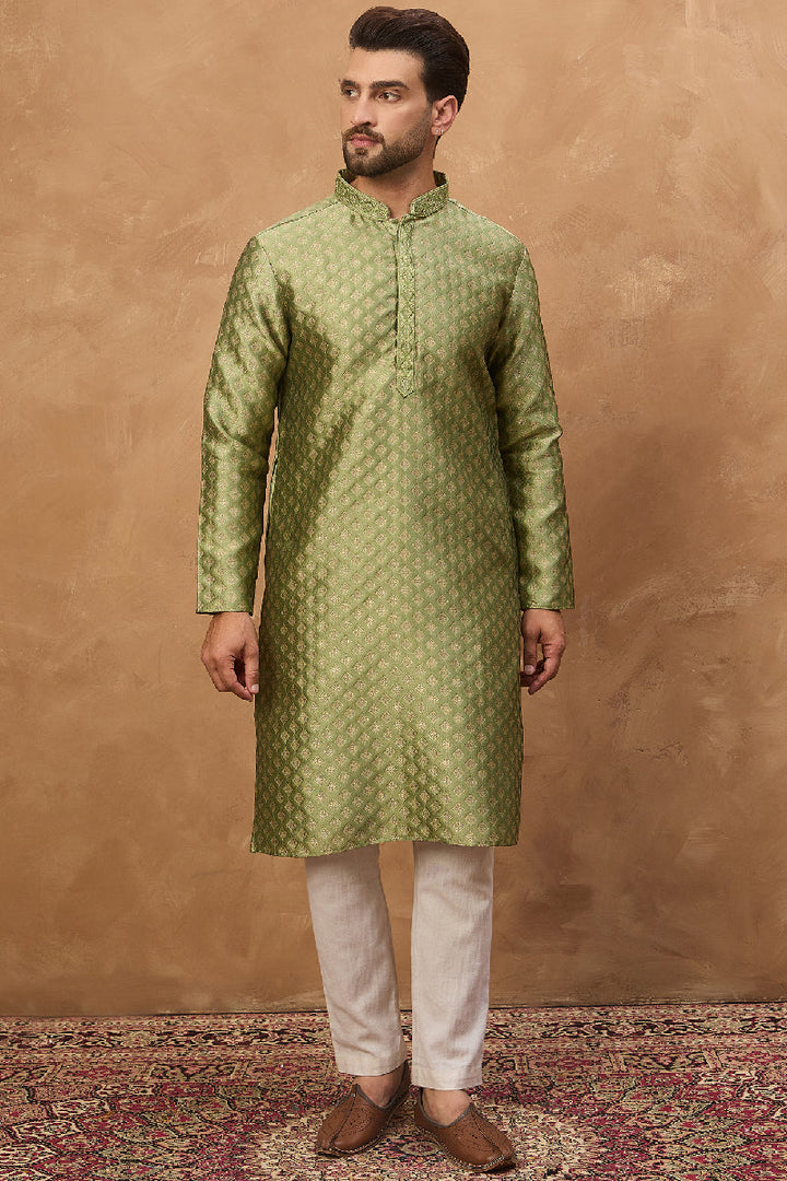 Green Silk Blend Solid Woven Design Straight Kurta With Pant Set | SHOBITAM
