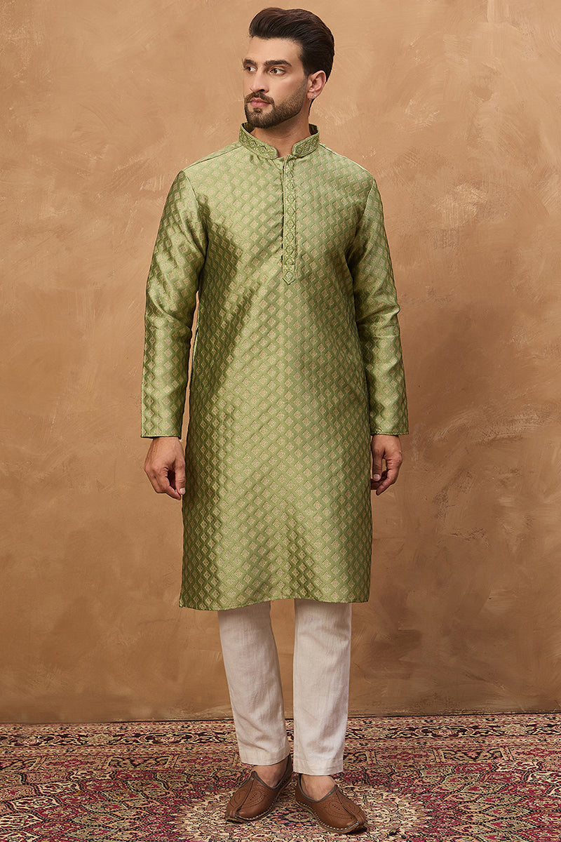 Green Silk Blend Solid Woven Design Straight Kurta | SHOBITAM
