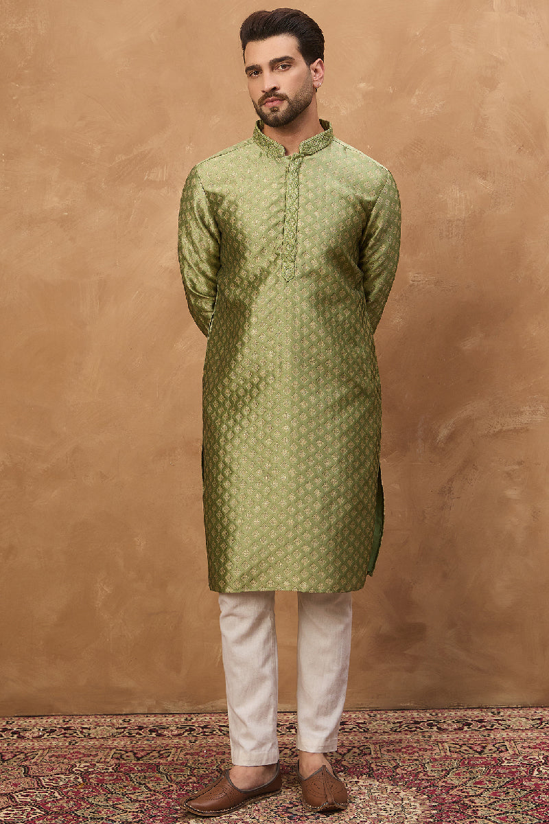 Green Silk Blend Solid Woven Design Straight Kurta With Pant Set | SHOBITAM